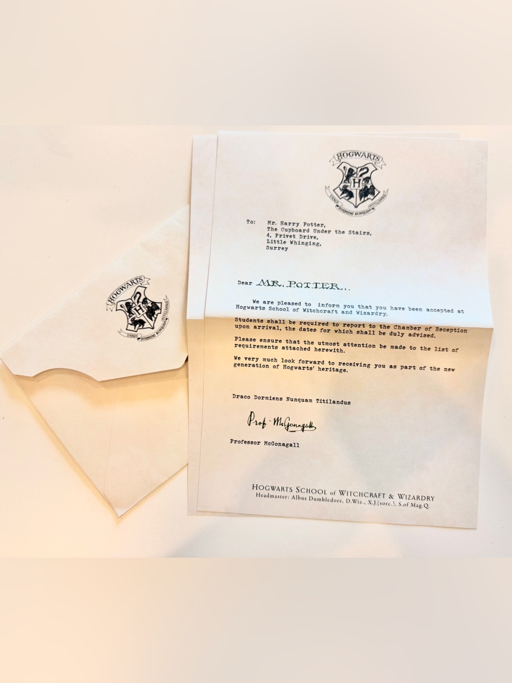Harry Potter’s Hogwarts Acceptance Letter, Supply List & Envelope